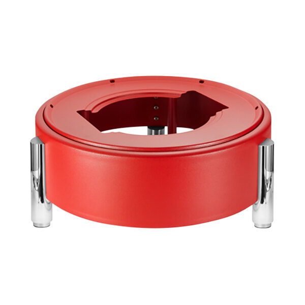 A red stainless steel round chafer stand with two metal legs.