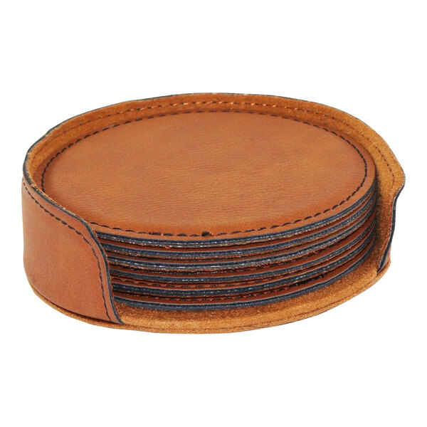 A stack of Franmara leather coasters in a holder.