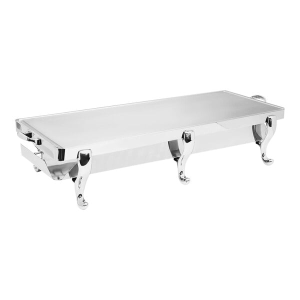 An Eastern Tabletop stainless steel stand with aluminum griddle top on legs.