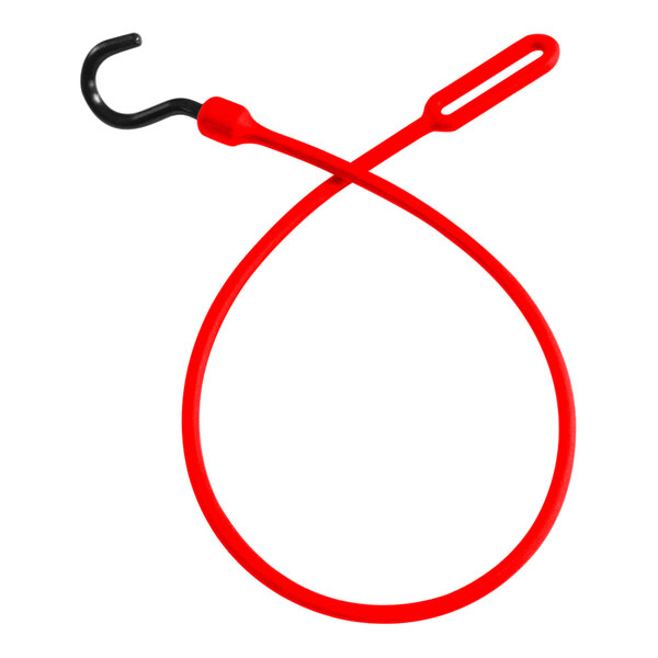 A red polyurethane bungee cord with a black nylon hook and curved end.