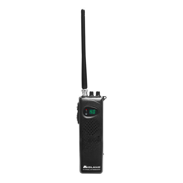 A black Midland handheld CB radio with a long antenna and holes in the front.