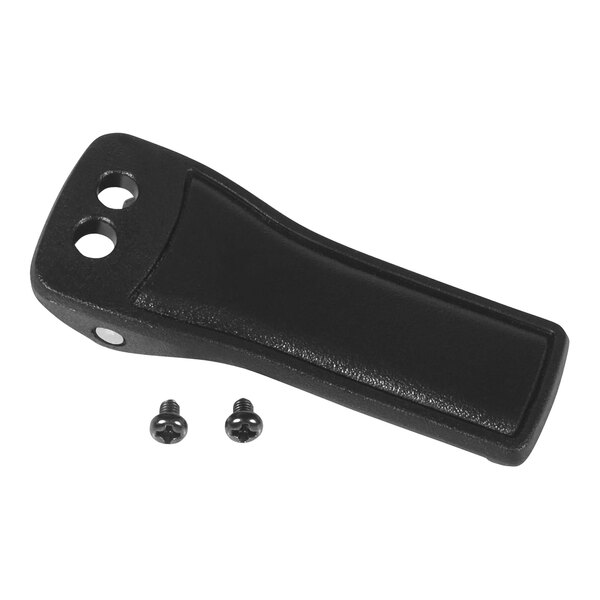 A black plastic belt clip for a Midland BizTalk MA5 walkie talkie with screws.