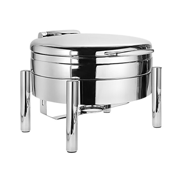 An Eastern Tabletop stainless steel chafing dish with a lid on a stand.