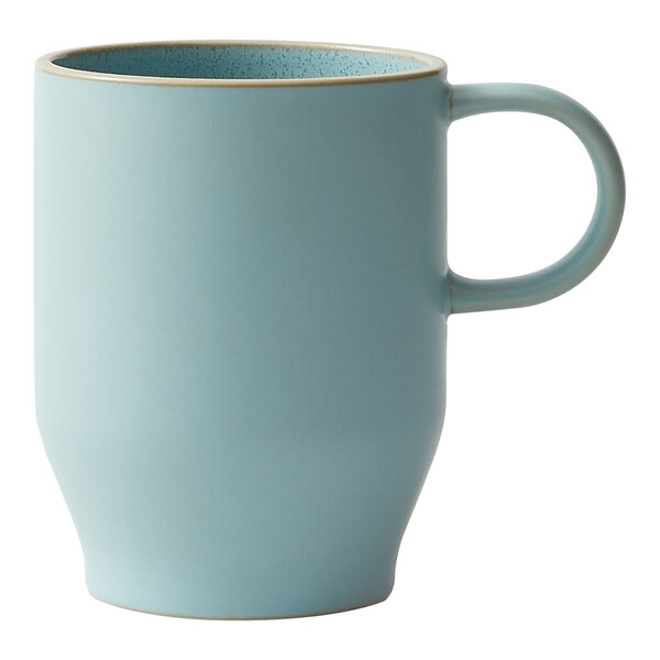 A close-up of a Oneida Moira frosted blue stoneware mug with a handle.