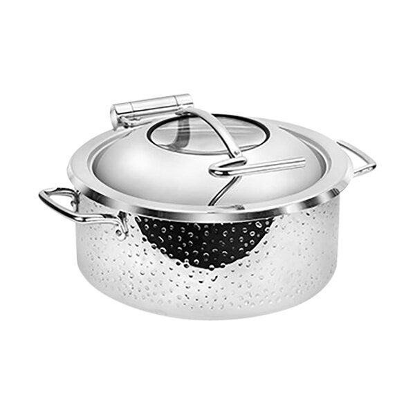 A silver stainless steel Eastern Tabletop Mini Induction Chafer with a glass lid.