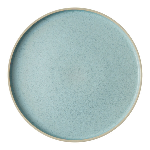 A Oneida Moira frosted blue stoneware plate with a white border.