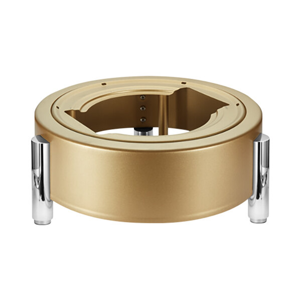 A round gold stainless steel chafer stand with silver legs.