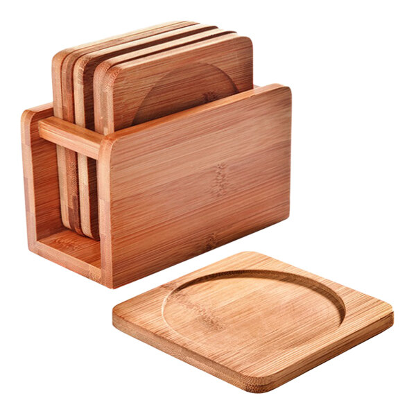 A Franmara wooden coaster holder with bamboo coasters inside.