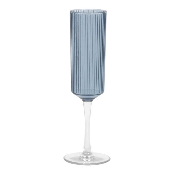 A Front of the House Peacock plastic champagne flute with a long stem and stripe pattern on it.