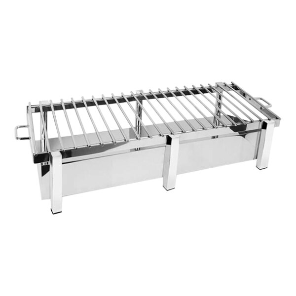 A stainless steel Eastern Tabletop grill stand with a removable metal grate.