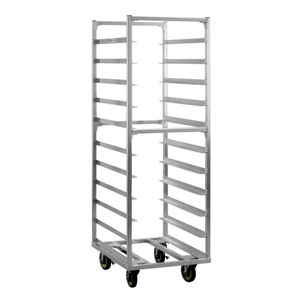 A New Age heavy-duty aluminum roll-in refrigerator/proofer rack with 11 shelves on wheels.