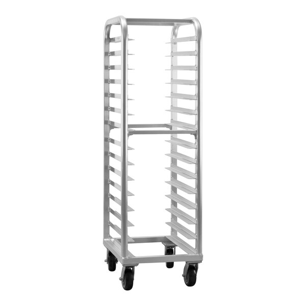 A silver metal New Age sheet pan rack with wheels.