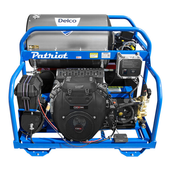 A blue and black Delco Patriot hot water pressure washer with a Simpson engine.