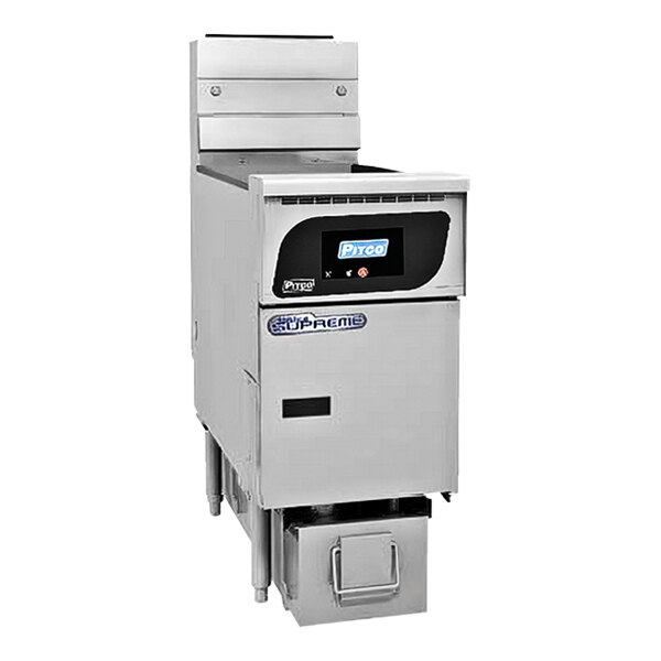 A Pitco Solofilter Solstice Supreme gas fryer with an Infinity touchscreen display.