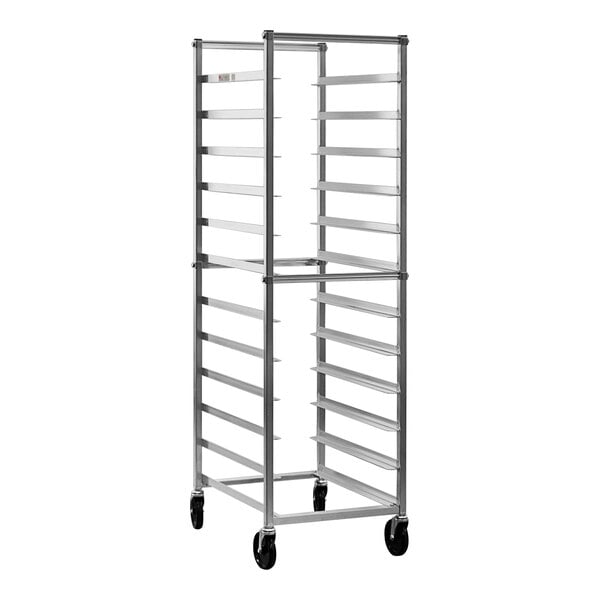 A New Age aluminum sheet pan rack with four tiers on wheels.