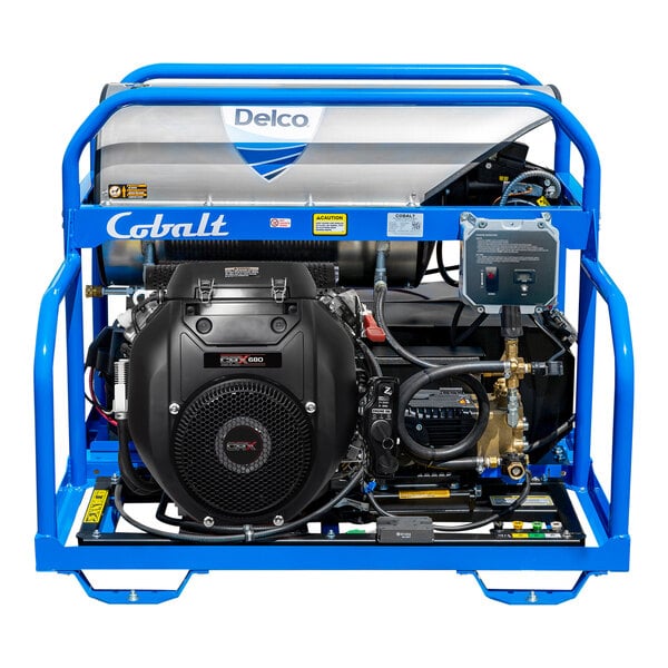 A Delco Cobalt hot water pressure washer with a blue frame and silver machine parts.