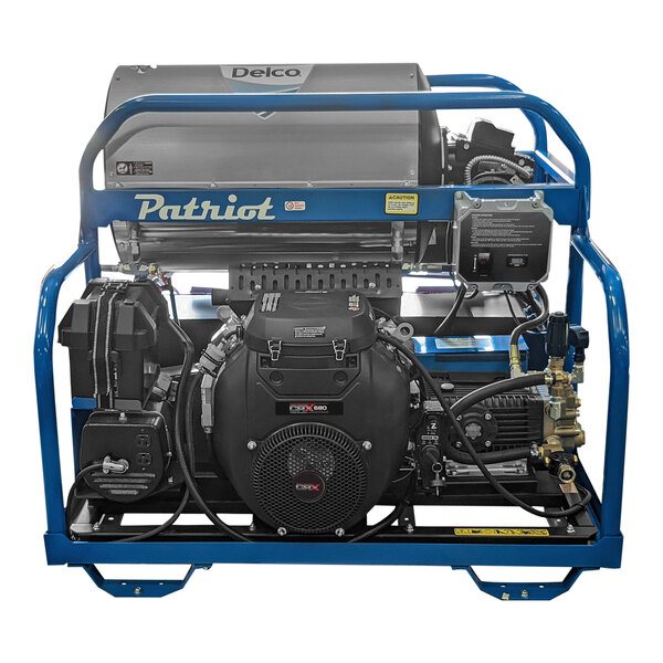 A blue and black Delco Patriot hot water pressure washer with a black machine inside.