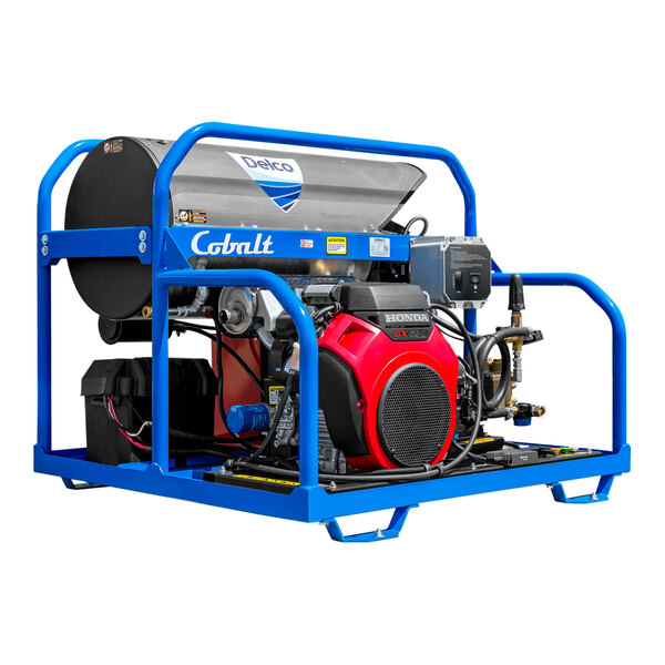 A blue and red Delco hot water pressure washer.