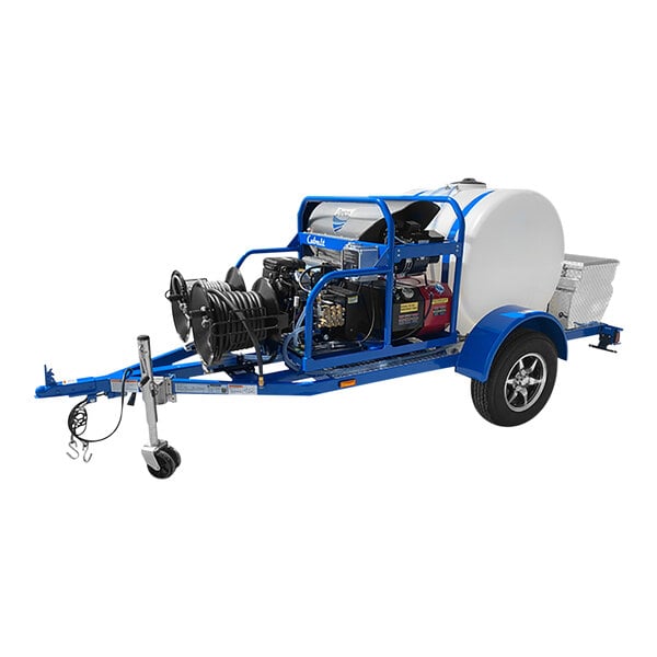 A blue and white Delco Mobile Trailer pressure washer with a tank.