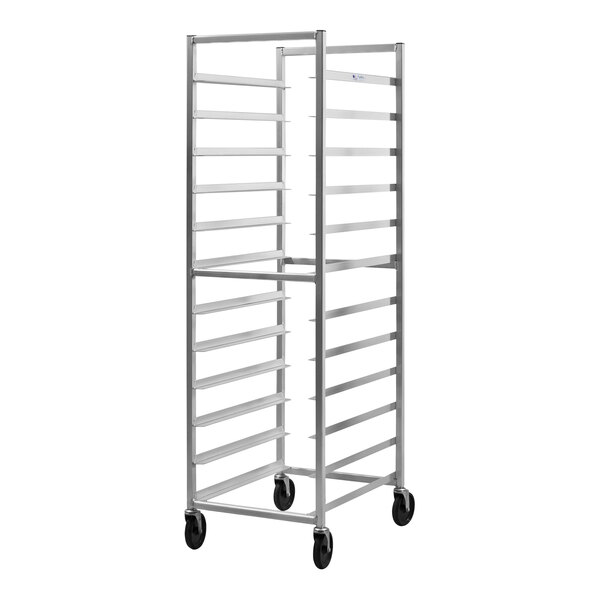 A New Age aluminum sheet pan rack with 4 tiers on wheels.