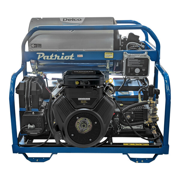 A blue and black Delco Patriot hot water pressure washer machine.