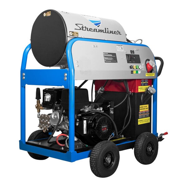 A blue and white Delco Streamliner portable hot water pressure washer on wheels.