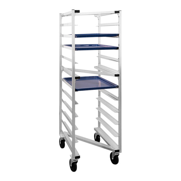 A white and blue metal New Age roll-in rack holding blue trays.
