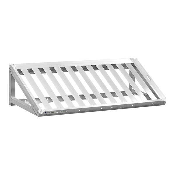 A silver metal slanted T-bar wall shelf.