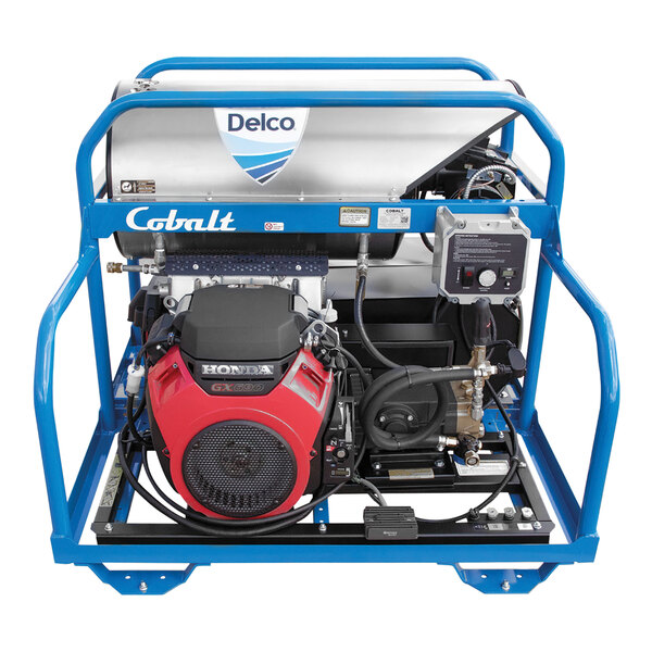 A blue and white Delco hot water pressure washer with a Honda engine.