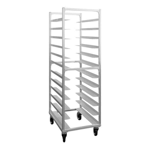 A white metal New Age sheet pan rack with shelves and wheels.