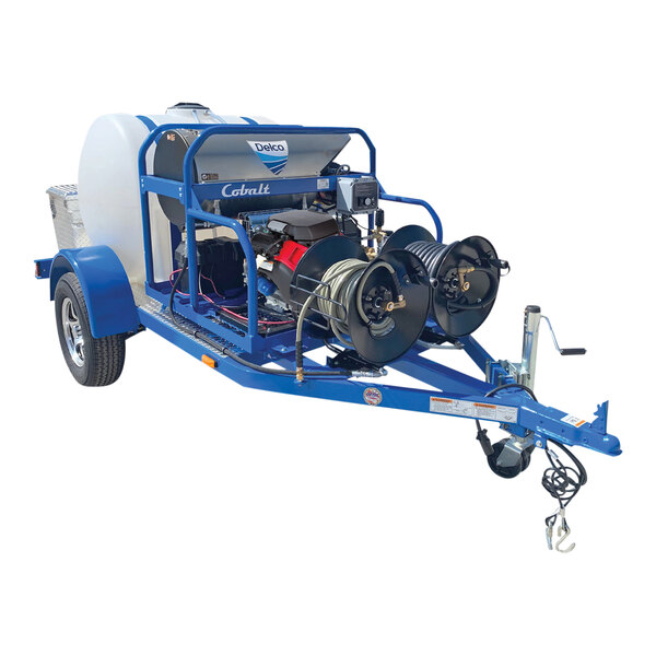 A blue and white Delco Mobile Trailer Pressure Washer with a large pump.