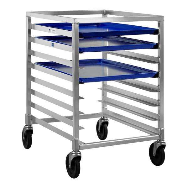 A metal New Age cart holding eight blue trays.