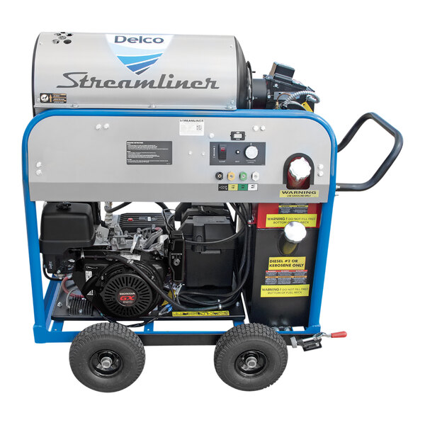 A Delco Streamliner portable hot water pressure washer with a black handle.
