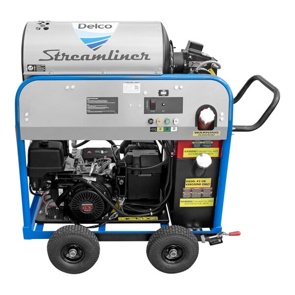 A Delco Streamliner portable hot water pressure washer with a hose attached.