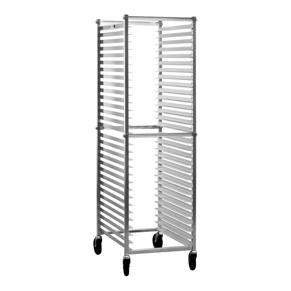 A New Age aluminum sheet pan rack with wheels.