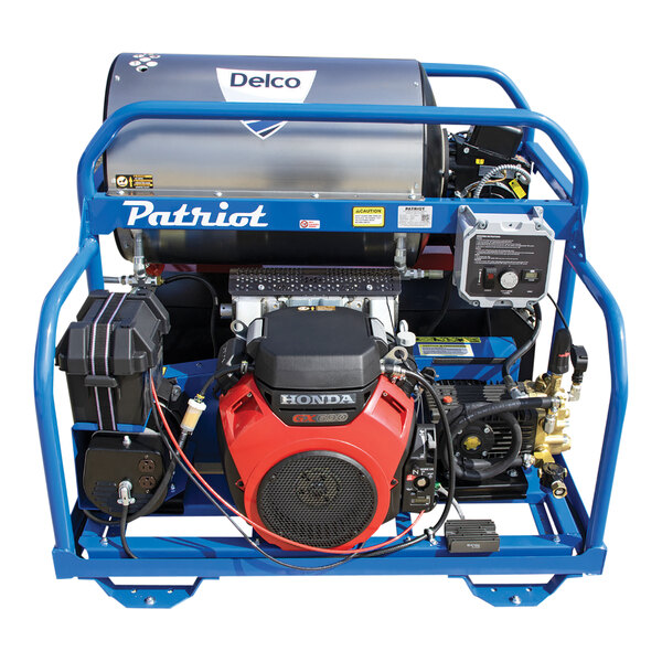 A blue and red Delco Patriot hot water pressure washer with a Honda engine and General Pump.