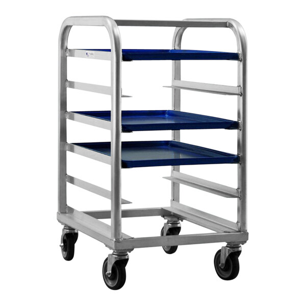 A New Age heavy-duty aluminum platter rack with six shelves.