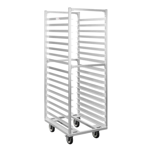 A New Age heavy-duty aluminum sheet pan rack with four tiers on wheels.