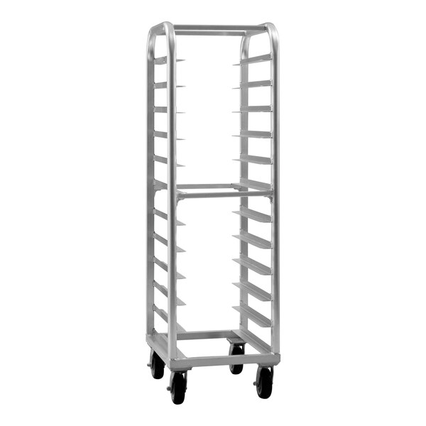 A silver New Age sheet pan rack with black wheels.