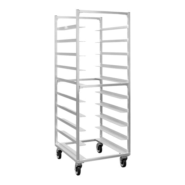 A white metal New Age sheet pan rack with oval tray shelves and black wheels.