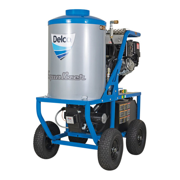 A Delco portable hot water pressure washer with a blue and silver tank and white wheels.