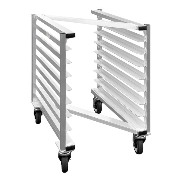 A New Age metal Z-type sheet pan rack with wheels.