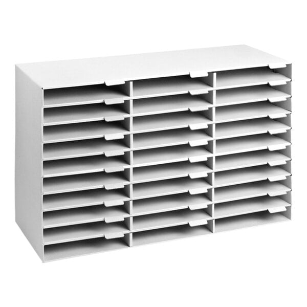 A white rectangular AdirOffice literature organizer with many compartments.