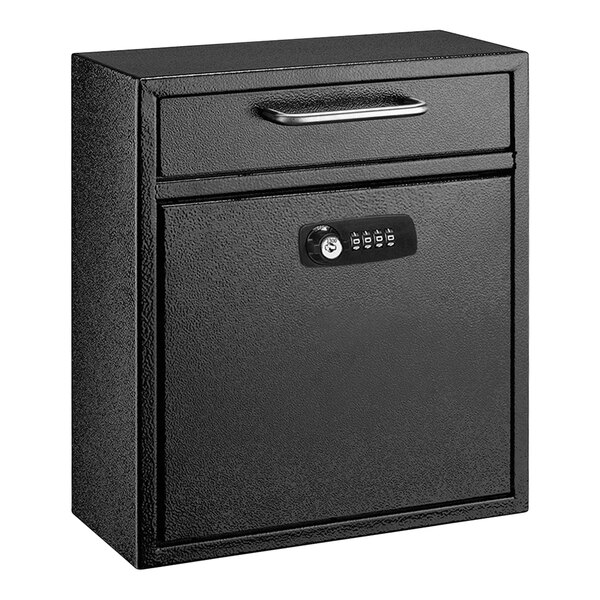 A black metal box with a key and combination lock.