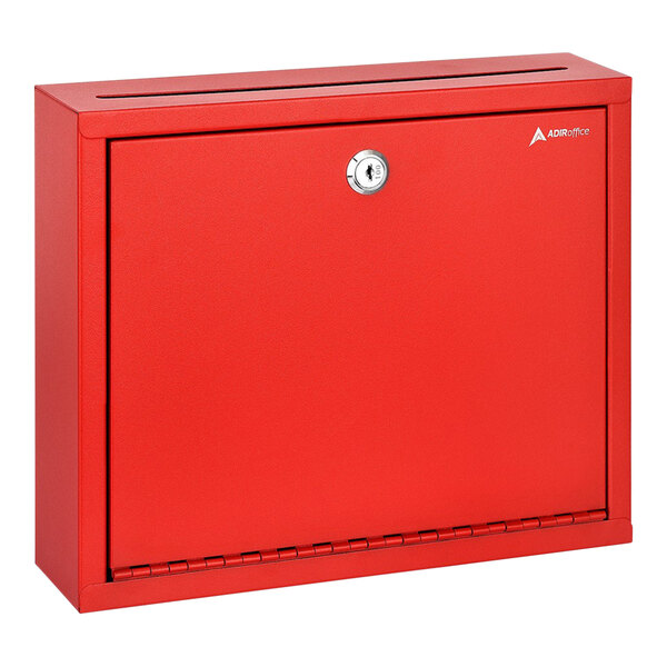 A red steel wall mounted AdirOffice multi-purpose drop box with a keyhole.