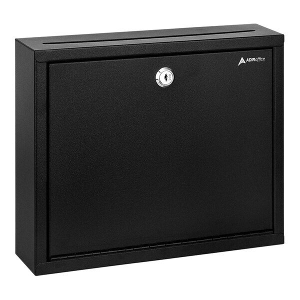 A black steel AdirOffice multi-purpose drop box with a keyhole.