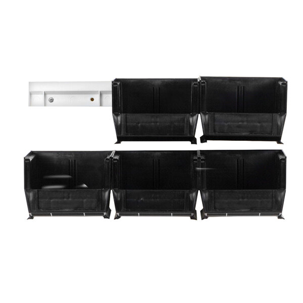 Quantum white plastic wall-mount storage rail with four black rectangular bins.