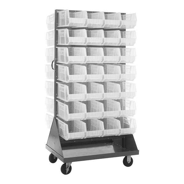 A Quantum mobile double-sided louvered rack with plastic bins attached.
