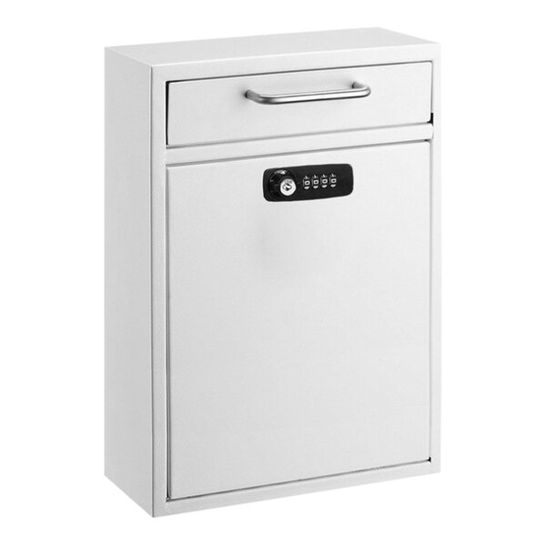 A white steel rectangular wall mounted drop box with a key and combination lock.