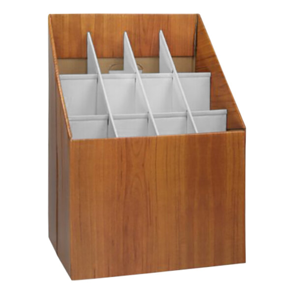 An AdirOffice woodgrain roll file with white dividers.